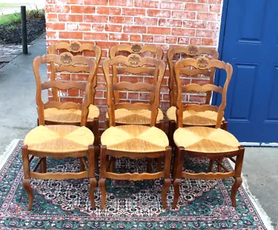 Set Of  6 French Louis XV  Antique Oak Rush Seat Dining Chairs • $2800