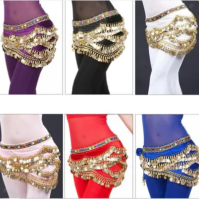 Velvet Dangling Gold Coins Belly Dancing Hip Skirt Scarf Wrap Belt White • £14.39