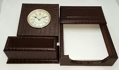 (NEW) Croco Leather 3 Pc Desk Set Table Clock Business Card Holder Memo Case • $38.97