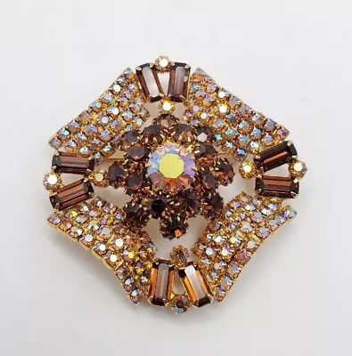 Vintage Amber Topaz Aurora Borealis Wavy Geometric Brooch Weiss Style Unsigned  • $78