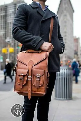 Mens Genuine Leather Vintage Laptop Backpack Rucksack Messenger Bag Satchel • $136.86