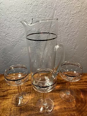 Vintage Cocktail Martini Pitcher 3 Glasses + Stirring Stick Clear Glass MCM • $24.99