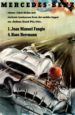 Mercedes Fangio Herrmann Vintage Auto Race Travel Poster 12x18 • $7.95