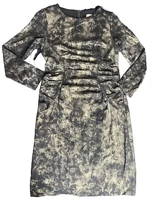 Nicole Miller Artelier Sheath Dress Ruched Waist Long Sleeve Black Gold Size L • $25.99