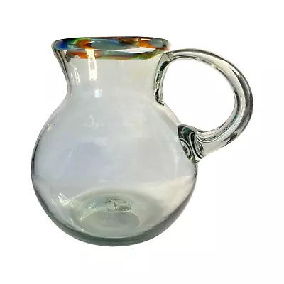 Handblown Confetti Mexican Glass Pitcher Applied Clear Handle Margaritas Barware • $32.50