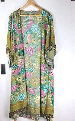  Boho Australia Womens Peacock Print Kimono Duster Robe Jacket Size S/M Boho  • $48.95