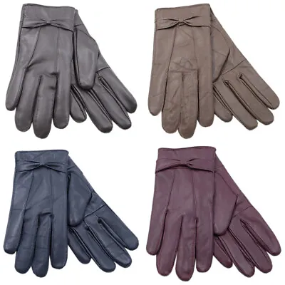 Ladies Leather Gloves Fleece Lined Warm Winter Bow Thermal Women Driving Outdoor • £7.50