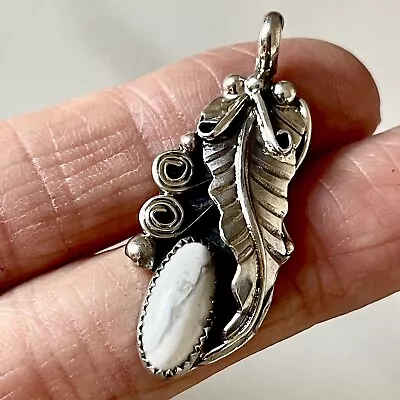 Long Navajo White Buffalo Pendant Sterling 925 Leaf Feather VTG Turquoise Signed • $54.94