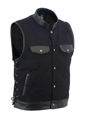 Men Motorcycle Sons Of Anarchy Leather Vest Trim Denim Side Lace Waistcoat • $79.99