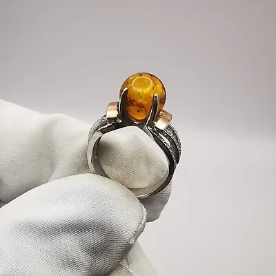 New Ring Silver 925 Gold 375 Zirconium Natural Baltic Honey Amber 54g • $93