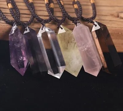 Natural Stone Crystal Hexagonal Points Pendant Healing Amulet Unisex Necklace • $12.50