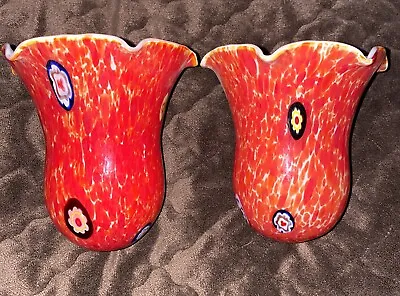 Glass Globes Orange With Millefiori Designs Inserted Ruffle Tulip 2 Piece • $85