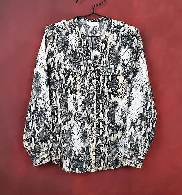 Calvin Klein Wear To Work Long Sleeve Blouse M Linen Black White Taupe Snakeskin • $25.95