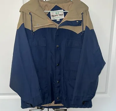 Pacific Trail Jacket Tan & Navy Poly Lined W/ Hood Size Large Vintage • $28.35