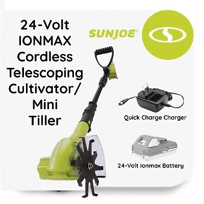 Sun Joe 24V Cordless Telescoping Garden Tiller + Cultivator 2.0-Ah Battery & Ch • $50