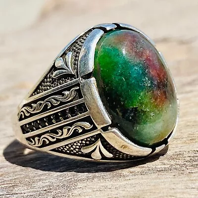 925 Sterling Silver Men Ring Natural Yemeni Sultani GREEN Agate Aqeeq Silver • $50
