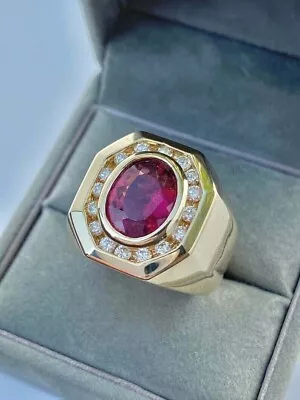 3CT Oval Cut Natural Ruby & Moissanite Halo Men's Ring Solid 10k Yellow Gold • $1087.49