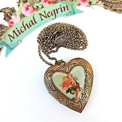 Michal Negrin Necklace Heart Locket Angel Crystal Large Photo Pendant Retro Gift • $71.20