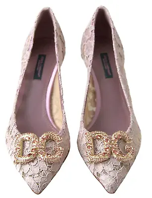 Dolce & Gabbana Pink Taormina Lace DG Logo Crystal Pumps Heels EU37.5 US7.5 • £561.39