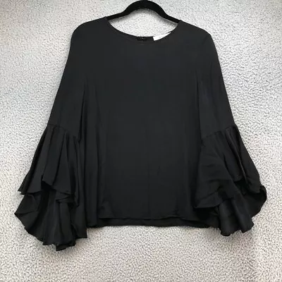 Milly Silk Blouse Shirt Womens 6 Black 3/5 Bell Sleeve Flared Casual  • $18