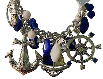 Charm Bracelet Silvertone Nautical Shipwheel Sailboat Anchor Rhinestones Beads • $19.80