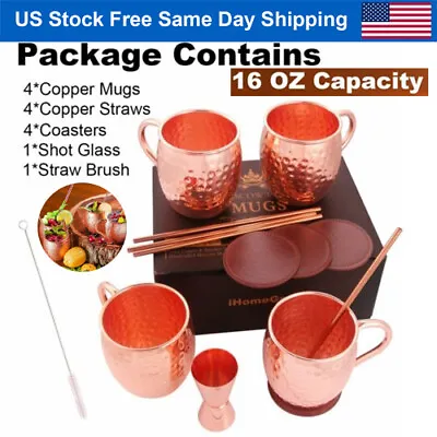 16OZ Moscow Mule Mugs Pure 100% Solid Hammered Unlined Stainless Steel Cups Set • $29.86