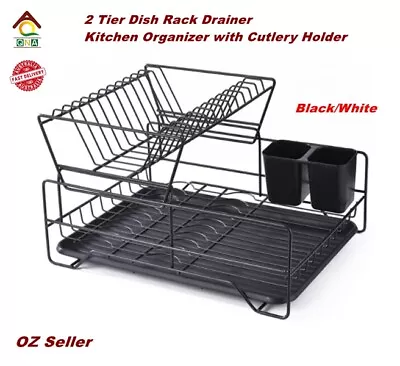 2 Tier  Kitchen Organizer With Cutlery Dish Rack Drainer Holder In Black/White • $48.98