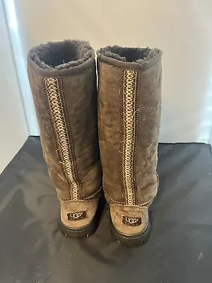 UGG Boots Tall Suede Sheepskin Braided Trim Chestnut Size W8 • $25