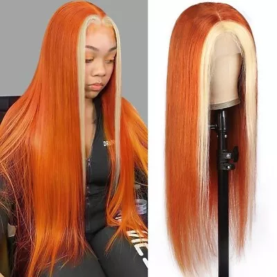 Skunk Stripe Wig Long Straight Orange Hair Synthetic Lace Front Wigs Women Party • $26.53