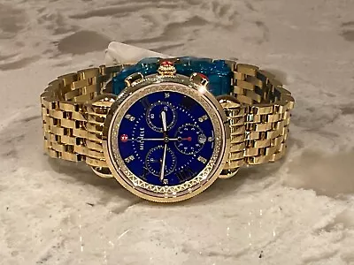 New Michele Sport Sail 18k Gold Plt Blue MOP Diamond Dial Watch -  MWW01C000145 • $1436.85