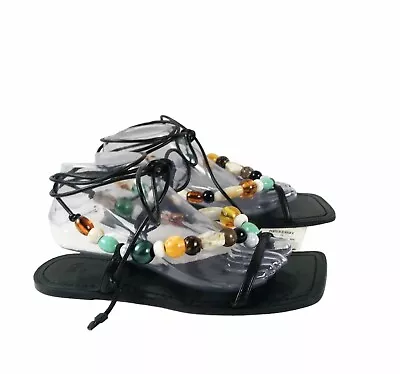 Zara Beaded Sandals Women Size 7.5 Wrap Lace Up Straps Square Toe Boho Gypsy NEW • $24.99