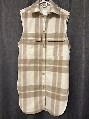 H&M Long Plaid Vest Beige Cream Poly Sz Small S  Oversized NWT • $39.99