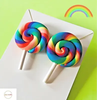 Colourful Rainbow Large Lollipop Stud Earrings Handmade Quirky Fun Jewellery • £4.75