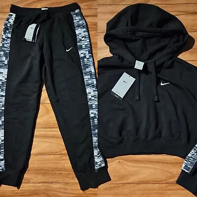 Women's Nike French Terry Graphic Pullover Tracksuit Sz M Black Grey DX0040 010 • $154.77