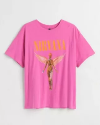 H&M Bright Pink Nirvana Angel Rock Tshirt M  12 14 Bnwt • £39.99