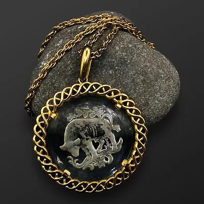 VTG Trifari Necklace Etched Glass Medallion TAURUS Bull Zodiac Sign Gold Tone • $34.88