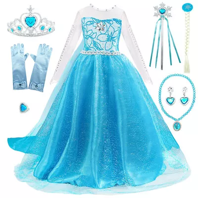 Kids Girls Princess Queen Elsa Anna Halloween Cosplay Costume Fancy Dress&Crown • £14.39