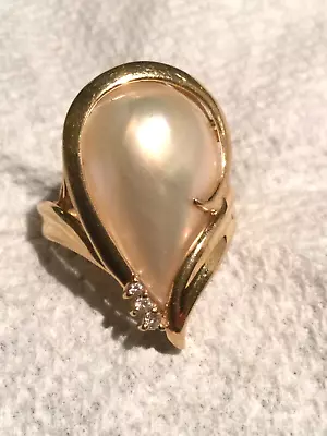 14 Kt Gold Framed Teardrop Mabe Pearl W Diamond Accents Ring A Beauty! Approx. 7 • $399.99