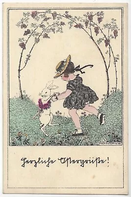 1931 Artist Signed Mela Koehler - Pretty Girl In Hat Dancing W/ Rabbit Flowers • $19.99