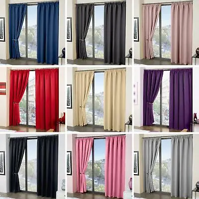 Cali Blackout Tape Top Curtains Plain Thermal Ready Made Pleated Curtain Pairs • £25
