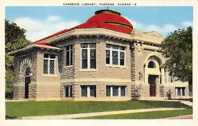 PARSONS KS Kansas CARNEGIE LIBRARY Labette County  C1940's Kropp Linen Postcard • $5.01