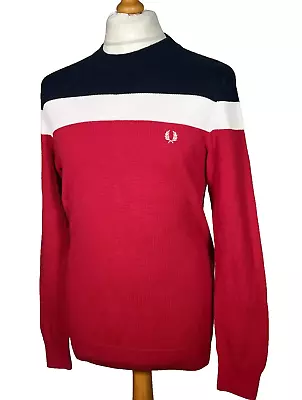 Fred Perry Waffle Textured Block Crew Jumper - Red - S/M - Scooter Mod Casuals • £0.99