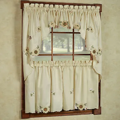 Sunflower Cream Embroidered Kitchen Curtains - Tiers Valance Or Swag • $15.29