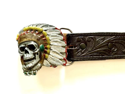 $19.20 • Buy Tony Lama Leather Belt Black Tooled Indian Head Buckle Western SZ 38 Made In USA