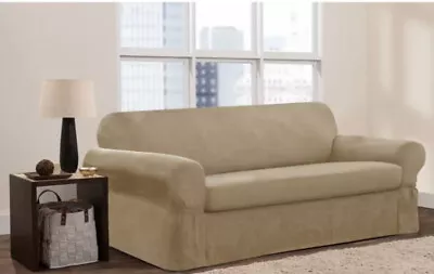 Zenna Home Smart Fit Stretch Suede 2-Piece Sofa Slipcover In Tan Taupe • $64.99