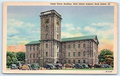 £10.74 • Buy Postcard IL Rock Island Arsenal Clock Tower Building Linen View Old Cars J6
