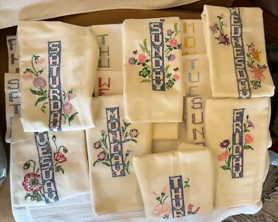 Lot 14 Vintage Cotton Embroidered Tea Towels-2 Sets Days Of The Week Towels • $16.50