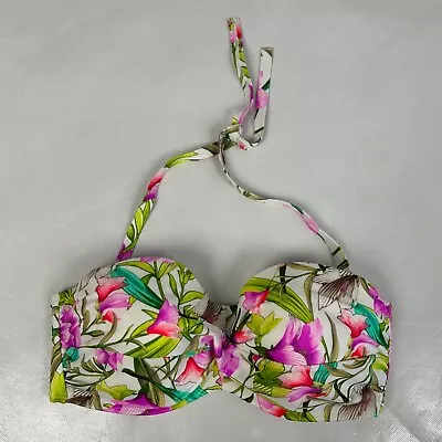 Victoria's Secret Size 38D Bandeau Swim Top White Tropical Print Padded Wired • $24.99