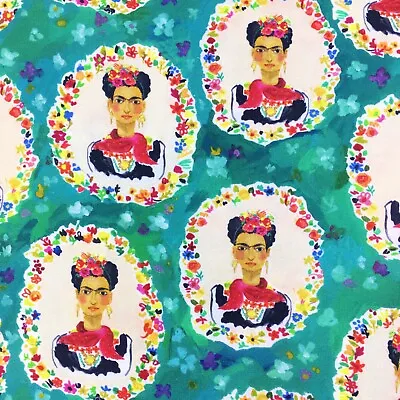 Frida Kahlo Cotton Fabric Teal Blue Green Mexican Artist Quilting Craft • £5.85