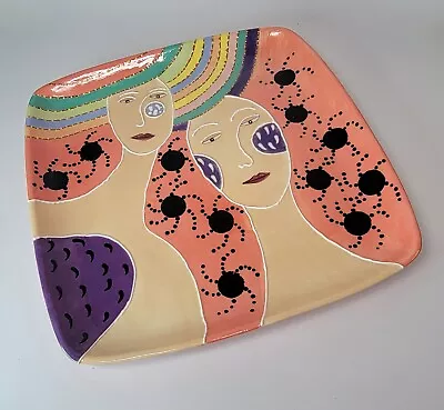 Art Ceramic Plate People Abstract Colorful Signed 11  Square Modern Unique • $45